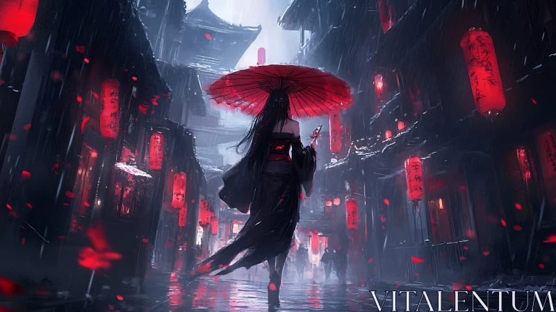 Red umbrella wanderer crossing a lantern lit rainy street.