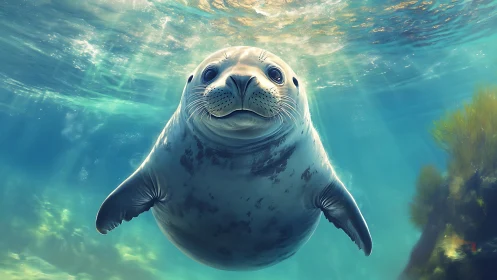Underwater harbor seal portrait in luminous teal currents.