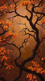 Curved dark tree branches intersect against an orange backdrop