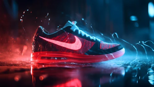 Sleek Red Nike Running Shoe in Futuristic Neon Lighting.