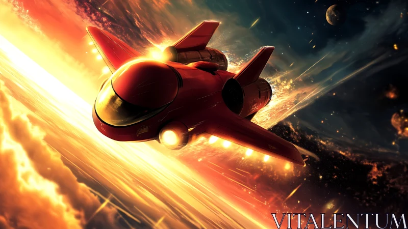 Supersonic red starfighter entering orbital atmosphere corridor