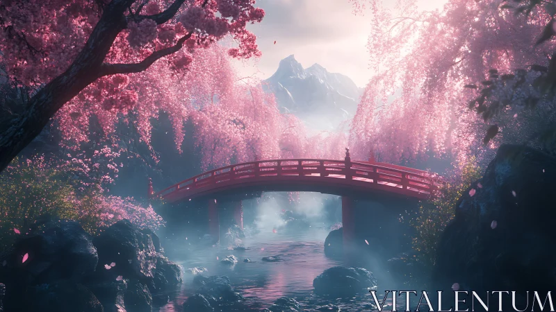 Soft cherry blossoms frame a tranquil red bridge over water