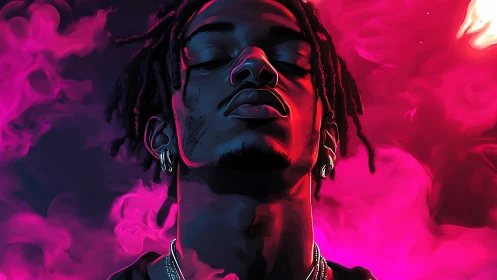 Portrait subject in neon pink smoke with stylized lighting