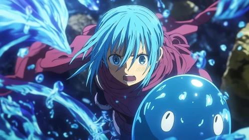Blue haired warrior channels water energy with slime ally.