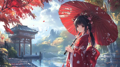Crimson parasol girl in serene autumn lakeside dreamscape.