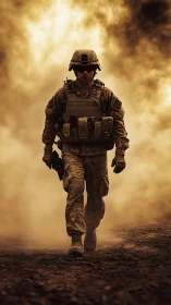 Soldier in combat gear walking through dense battlefield dust.