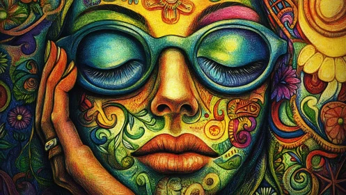 Psychedelic portrait with blue glasses and floral scrollwork
