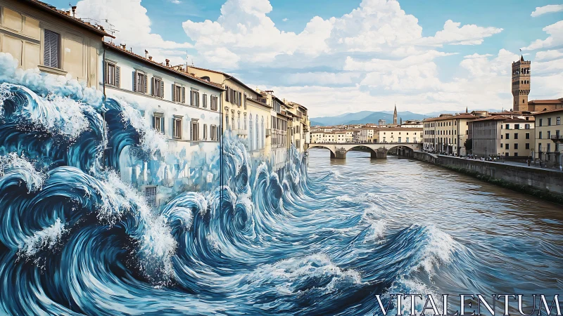 Surging stylized waves transform historic riverside architecture.