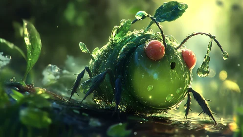 Dewdrop leaf bug awakens in glowing forest dawn light.