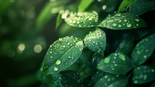 Macro study of dew-laden foliage in directional light.