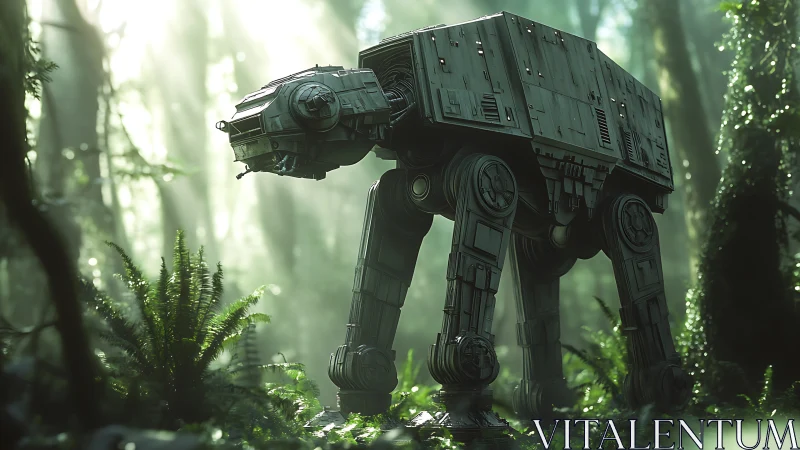 Armored walker advances through misty alien forest light