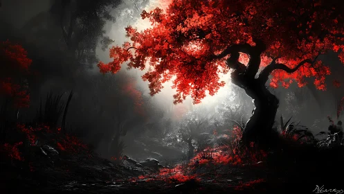 Crimson forest tree glows against shadowed mist. Period.