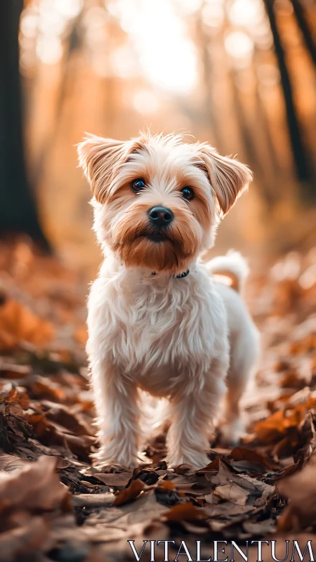 Small white dog standing on autumn forest leaf path.