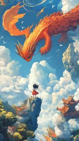 Girl on mountain peak facing large orange dragon overhead.