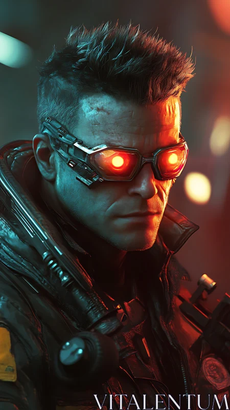 Brooding cyberpunk wanderer with glowing neon goggles.