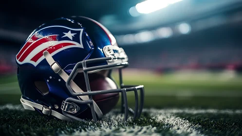 Shiny blue football helmet rests on lit stadium turf.