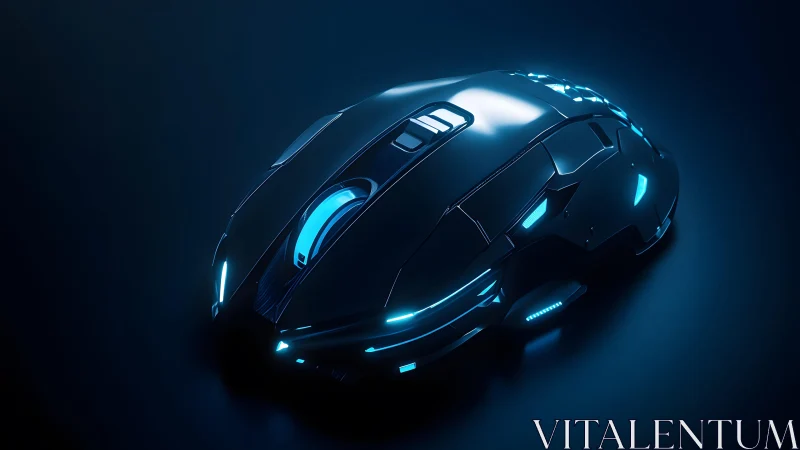 Futuristic Gaming Mouse with Blue LED Lights in Dark Setting.