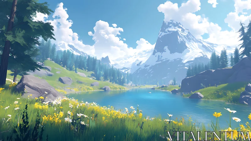 Snowy mountain rises over tranquil alpine lake at sunrise