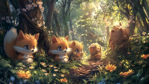 Gentle fox friends share a sunny forest morning together