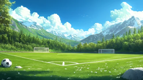 Digital painting of alpine soccer field with panoramic depth.