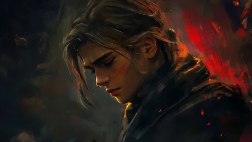 Wounded warrior profile under burning crimson light.