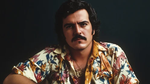 Man with mustache stares forward in floral shirt portrait