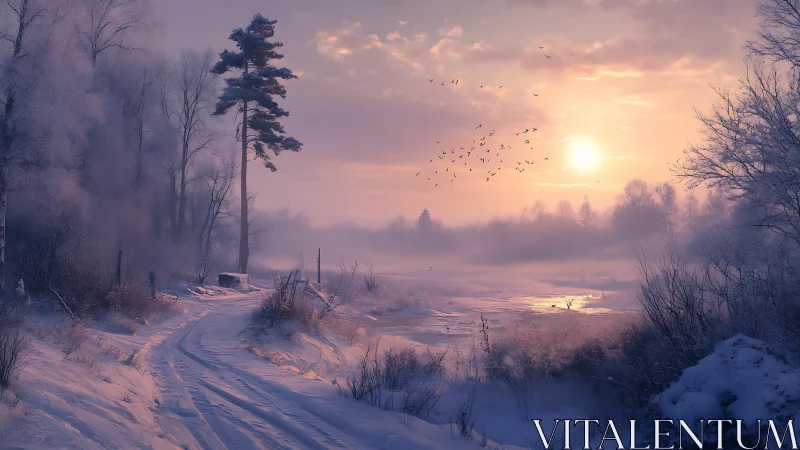 Digital painting winter riverbend with misted sunrise horizon.