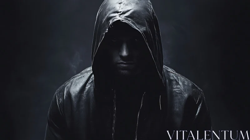 Hooded figure emerging from darkness in moody portrait.
