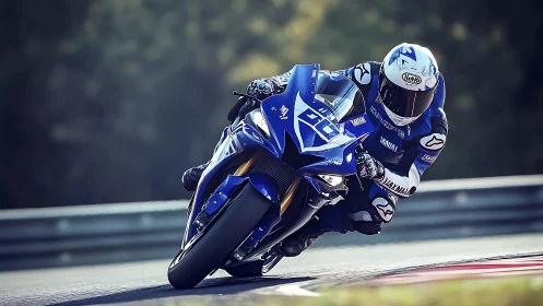 Motorcycle rider cornering on racetrack in racing posture.