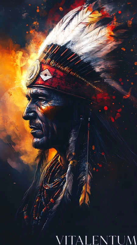 Indigenous elder in feathered headdress, fiery digital portrait.