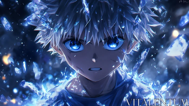 Intense blue eyed anime boy amid luminous shattered ice shards