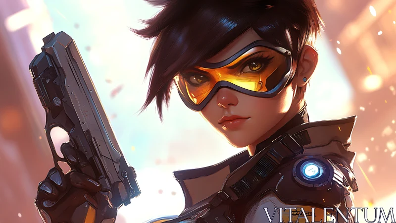 Neon-gaze time agent aims forward through ember-lit streets.