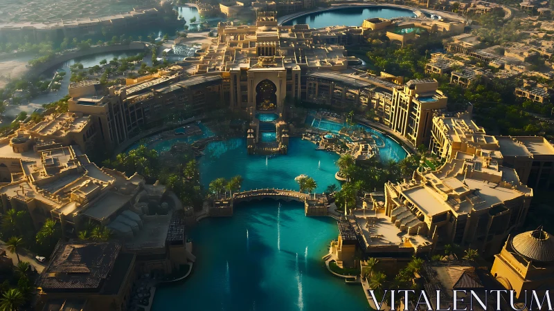Aerial perspective of luxury resort complex with artificial lagoon system.