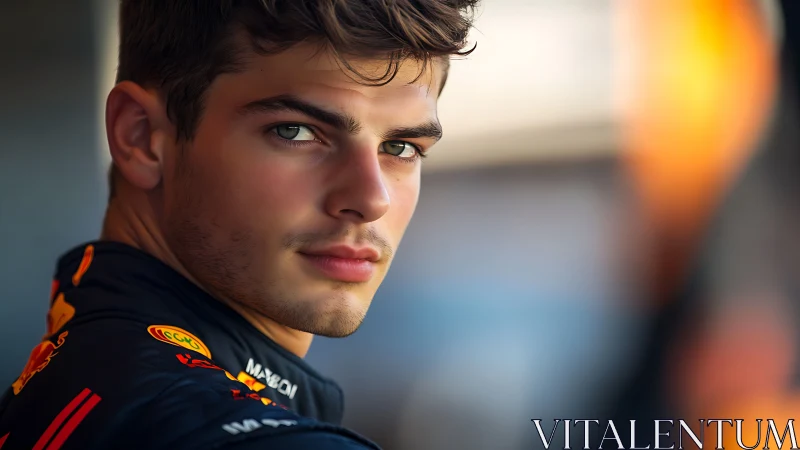 Male racing driver portrait in team uniform, side view.