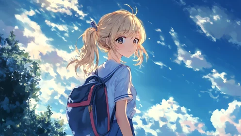 Backlit anime schoolgirl under high-contrast cumulus sky layer