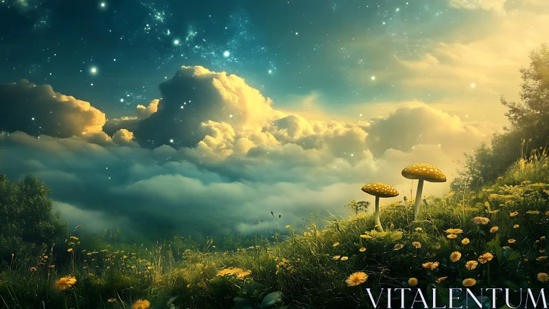 Mushroom hillside under dense clouds and starry sky at dusk.