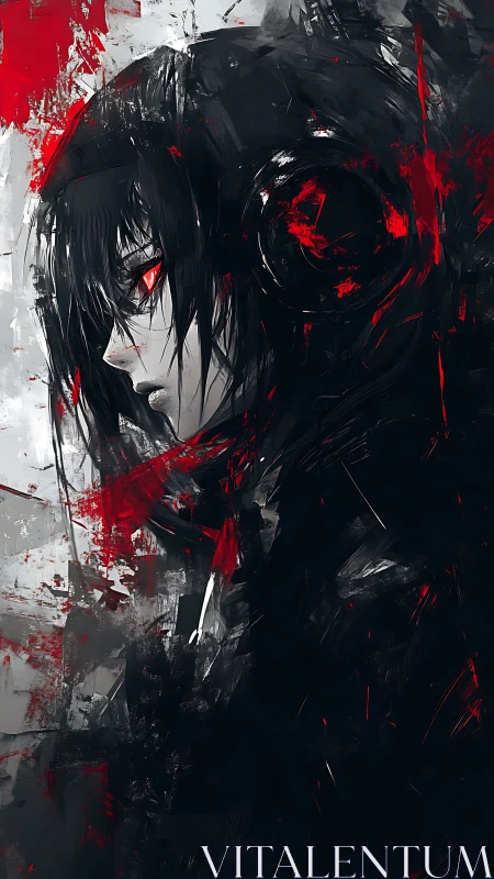 Side-lit cyberpunk portrait with crimson abstract shards.