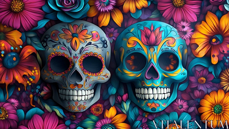 Colorful sugar skulls framed by dense neon flowers.