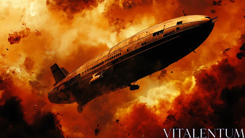 Retro-futuristic passenger airship in fiery atmospheric explosion