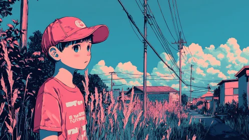 Anime boy in pastel rural street under power lines.