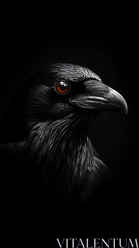 Raven portrait in high-contrast low-key monochrome lighting.