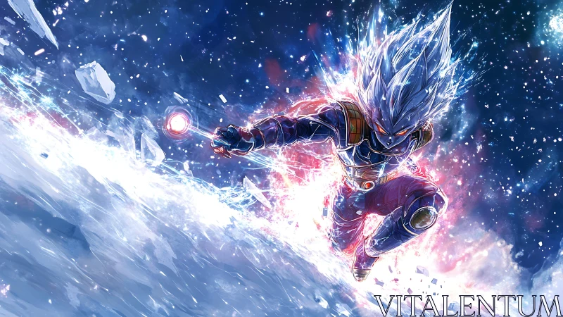 Celestial warrior charges through shattered frozen cosmos