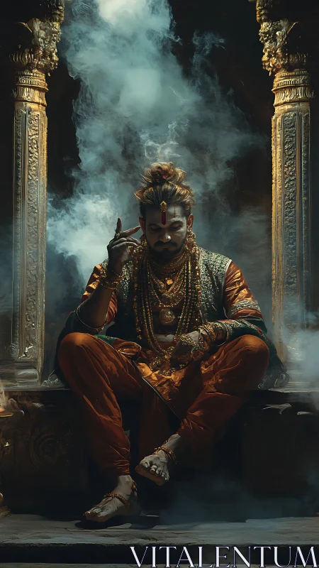 Regal mystic seated in swirling temple smoke and soft gold light.