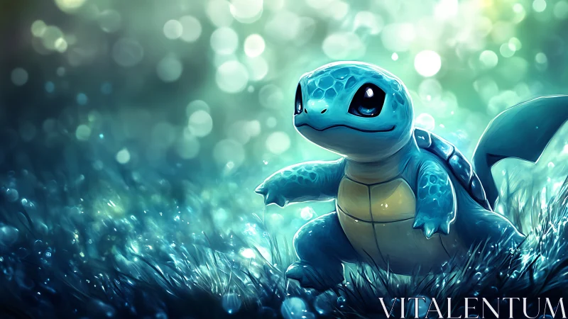 Shimmering meadow stroll with a bright blue turtle friend.