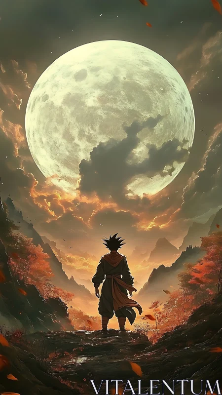 Silhouetted warrior under huge moon in autumn valley.