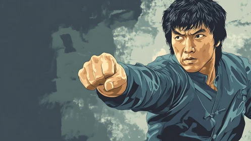 Martial artist in extended punch pose on abstract ground.