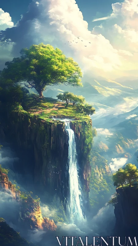 Fantasy cliff waterfall under radiant sky with lone tree.
