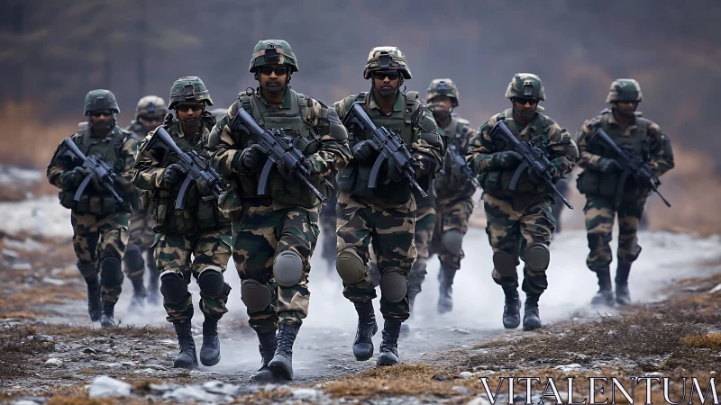 Infantry squad conducting armed patrol on rugged terrain.