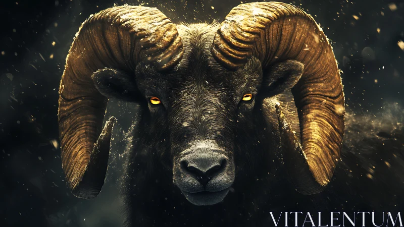 Powerful ram portrait with glowing eyes in dark dust.