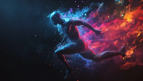 Digital painting of kinetic runner with dual elemental trail.